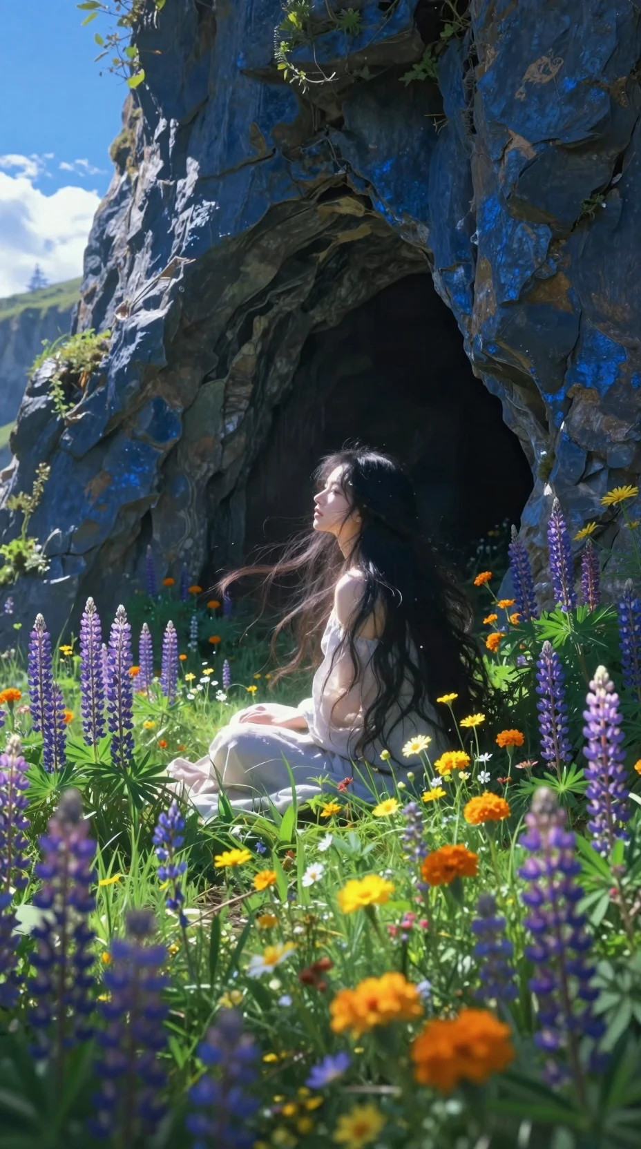 Donna che riposa al sole all’ingresso di una grotta tra fiori selvatici