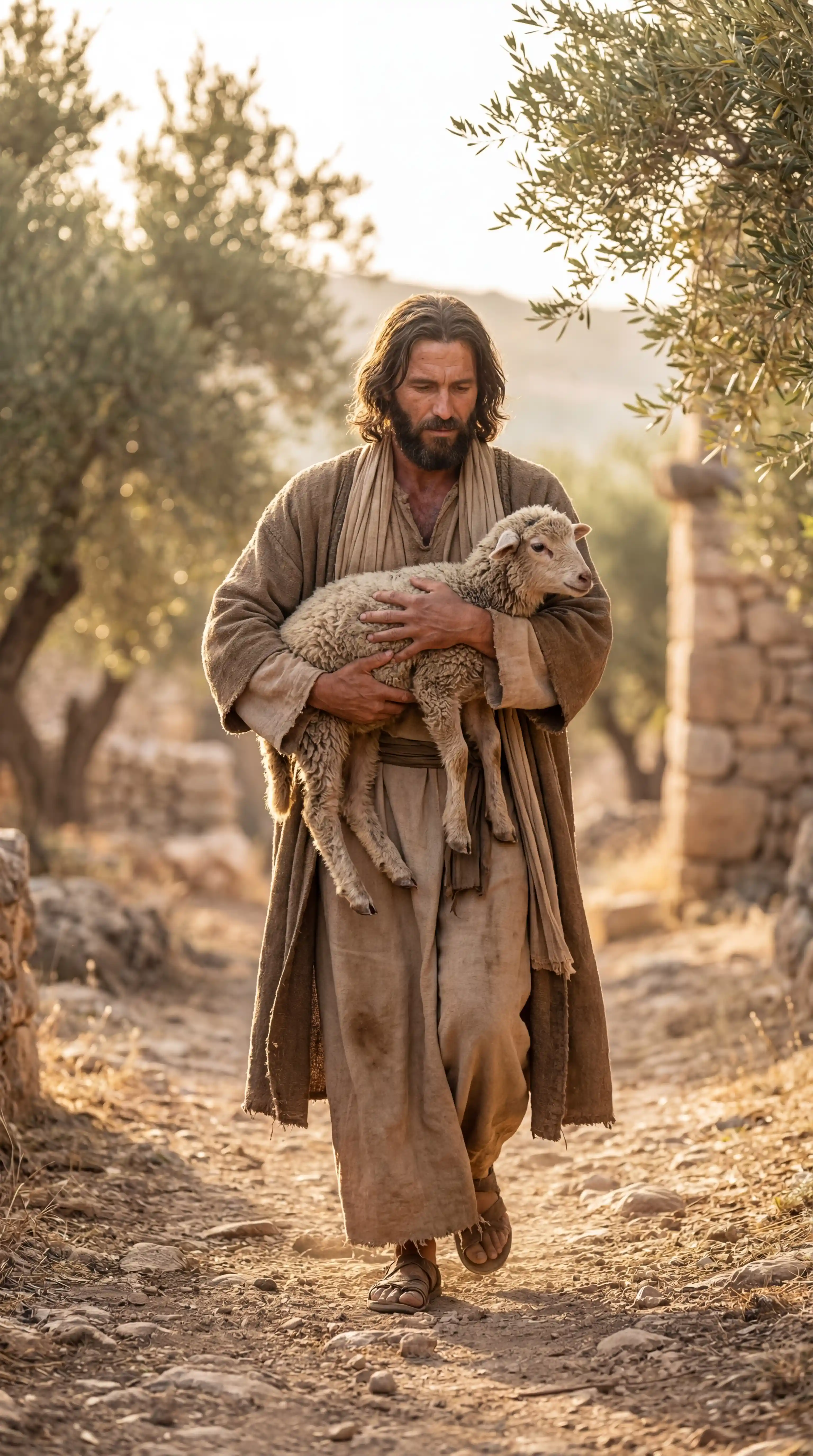 Jesus carrying a rescued lamb in dramatic cinematic light