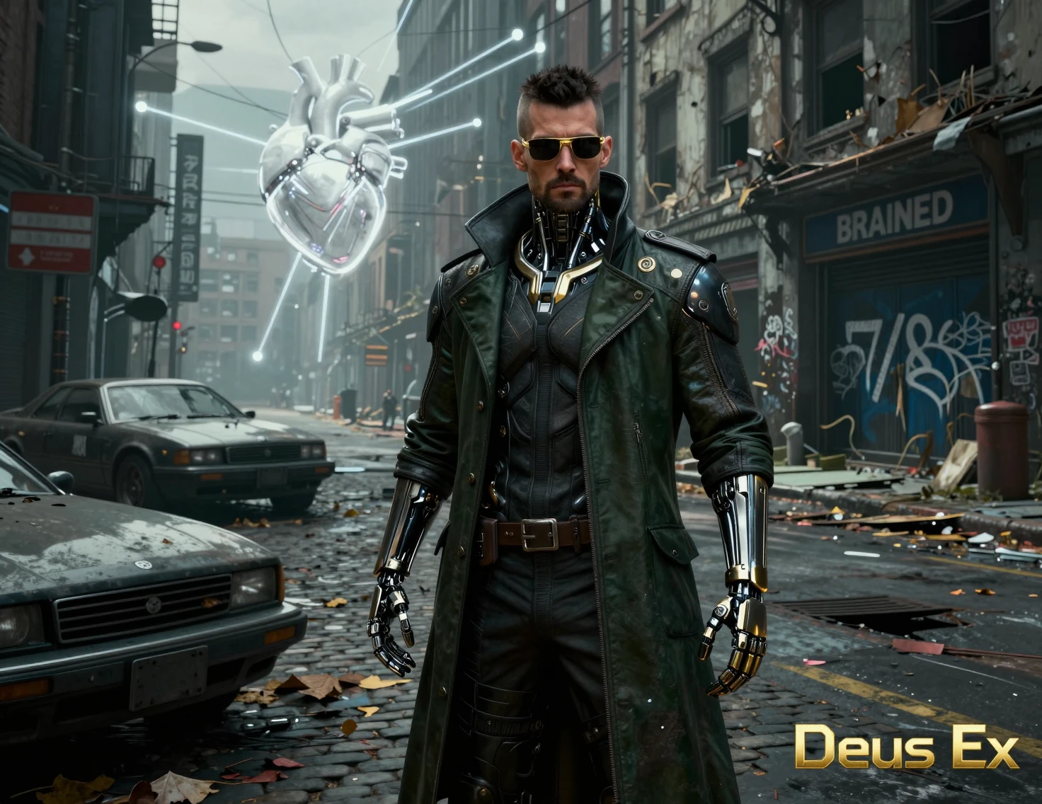 Detetive aumentado em uma rua cyberpunk distópica de paralelepípedos