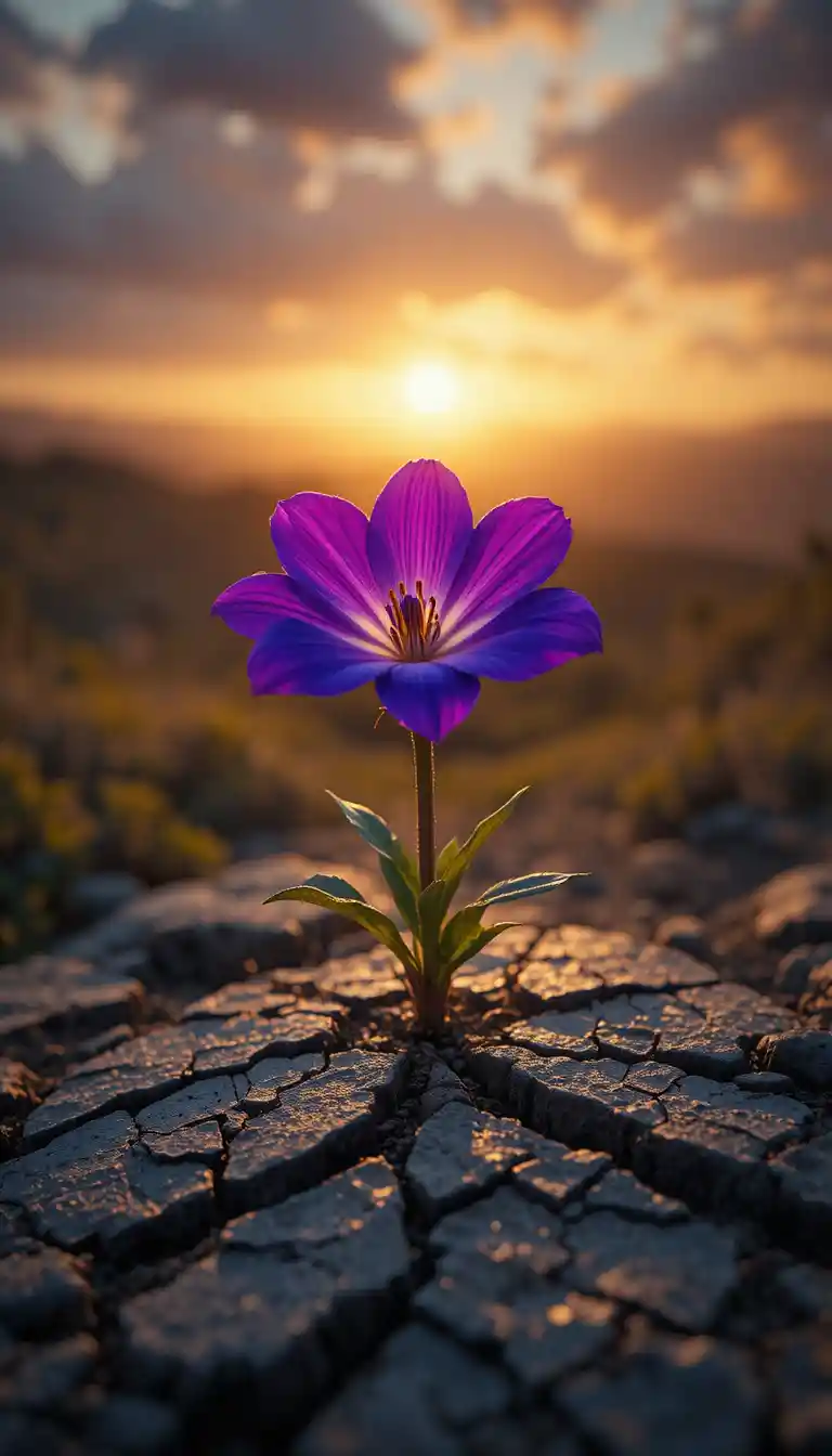 Purple flower blooming from cracked stone at sunrise