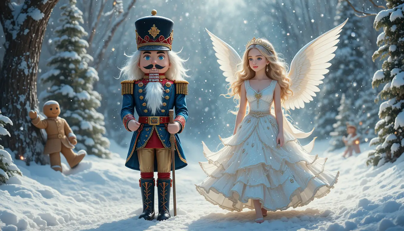 Christmas angel and nutcracker in snowy festive scene