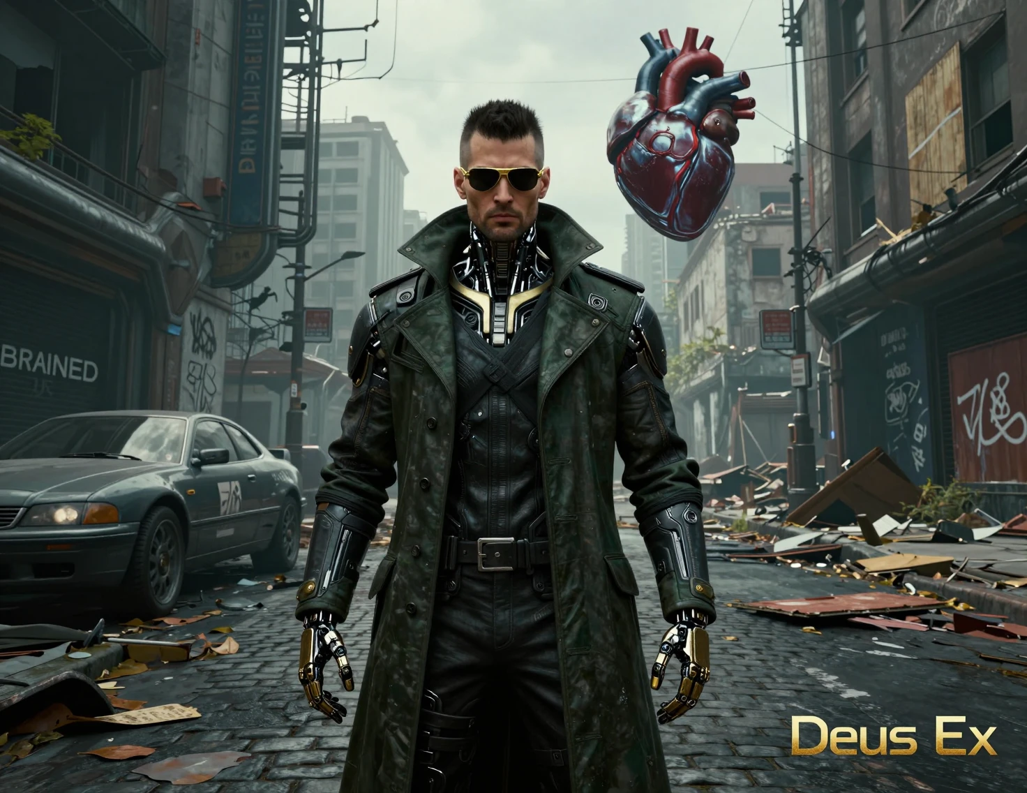 Augmented cyberpunk detective on a desolate urban street