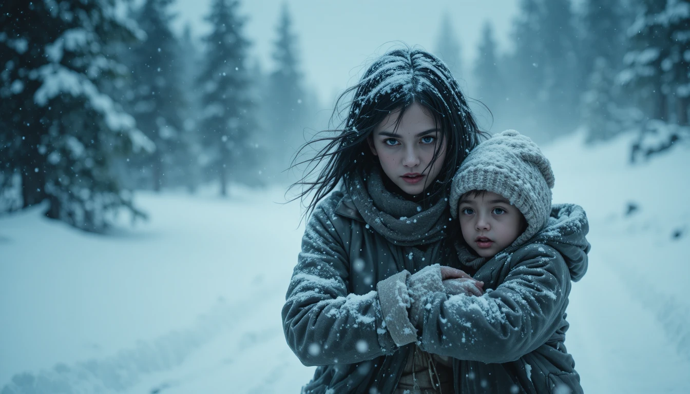 Mother shielding her children in a brutal winter blizzard