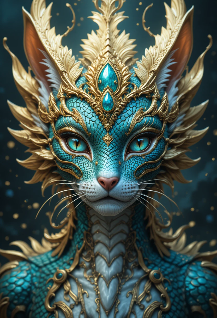 Portrait divin d’hybride chat-dragon avec couronne d’or sertie de bijoux