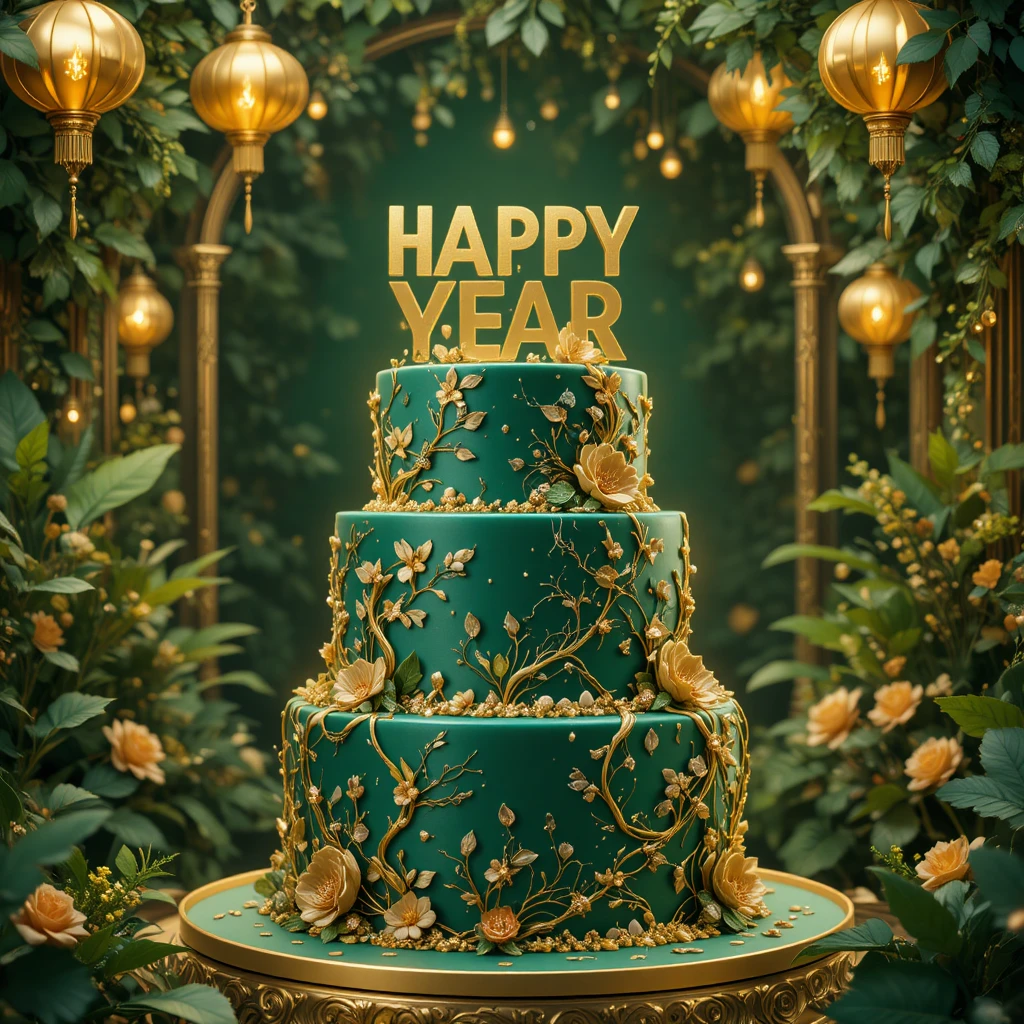 Emerald and gold new year cake with festive garden decor
