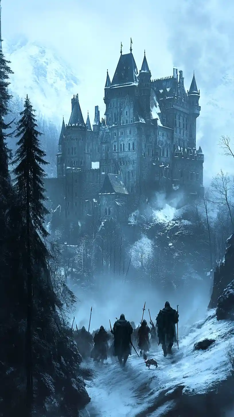 Medieval castle fortress under a winter sky in battle