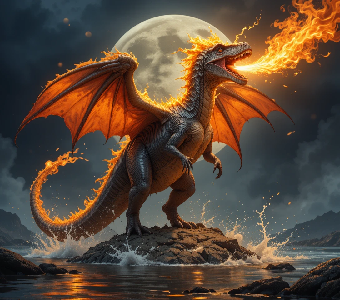Dragon ailé en flammes crachant de l’eau sous la lune