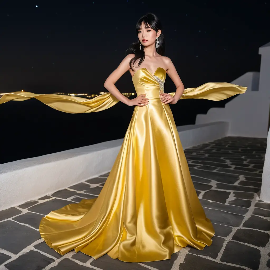 Elegante mulher japonesa em vestido longo de cetim dourado à noite
