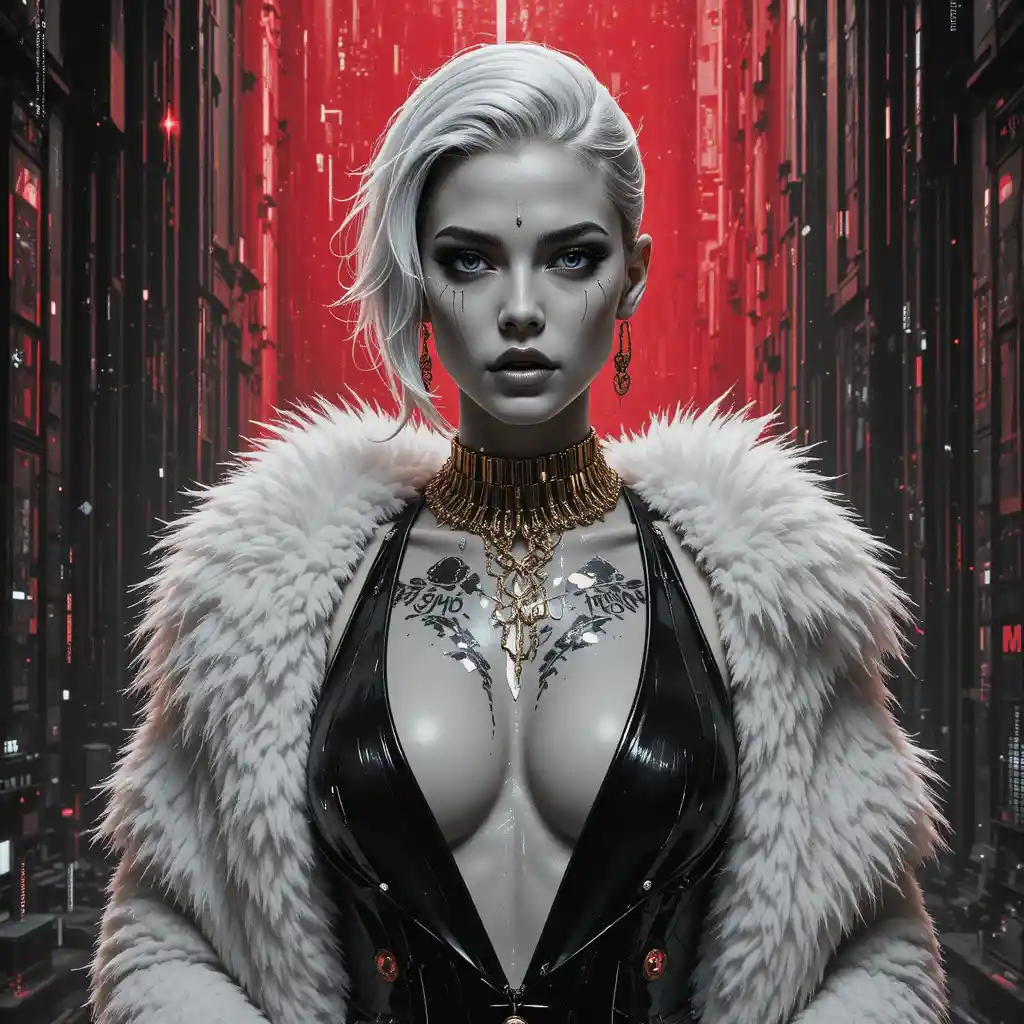 Futuristic heroine portrait with glitch textures and digital tattoos