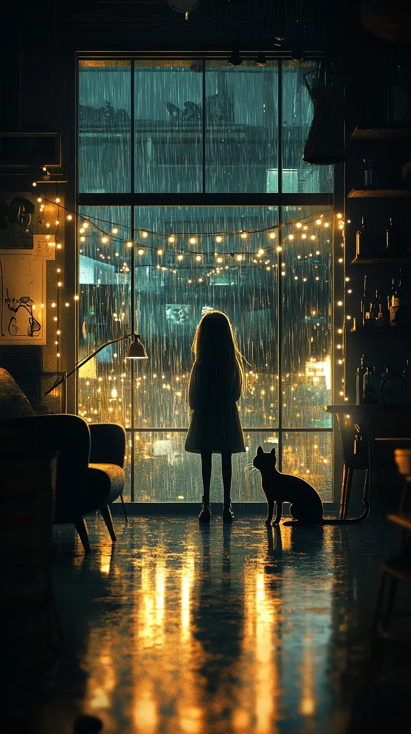 Fille et chat regardant la pluie par la fenêtre la nuit