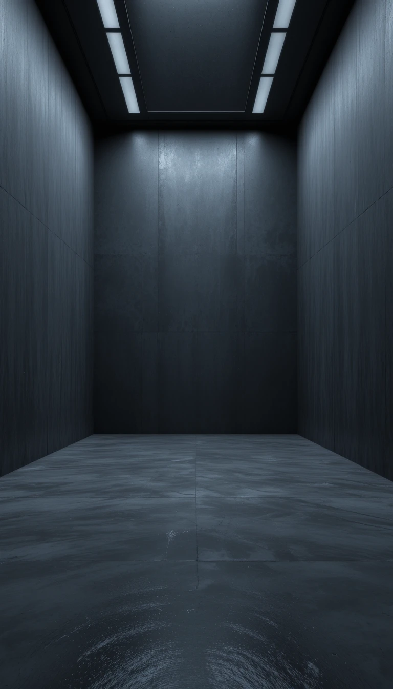 Habitación interior vacía y tenue con paredes oscuras y luz suave