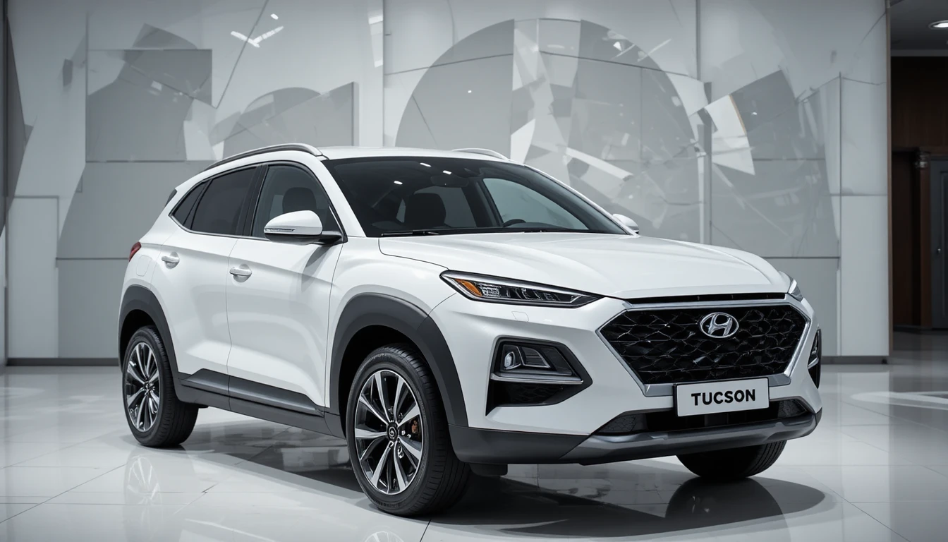 White Hyundai Tucson suv in modern car showroom