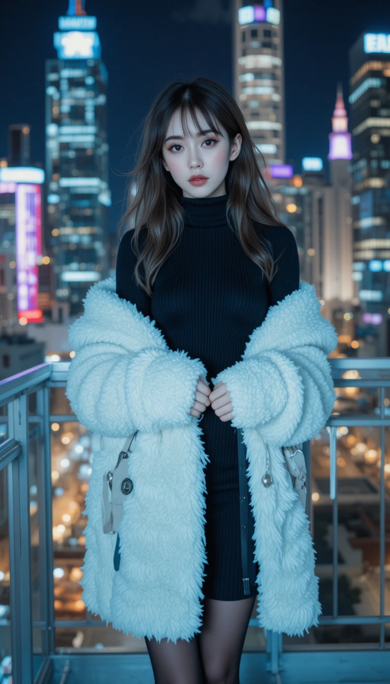 Donna su balcone cittadino con abito nero e cappotto bianco