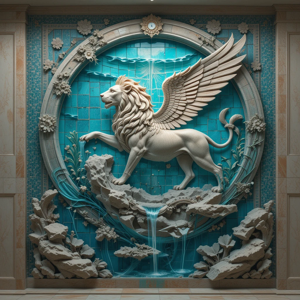 Fonte de Parede com Leão Alado e Mural de Inspiração Grega