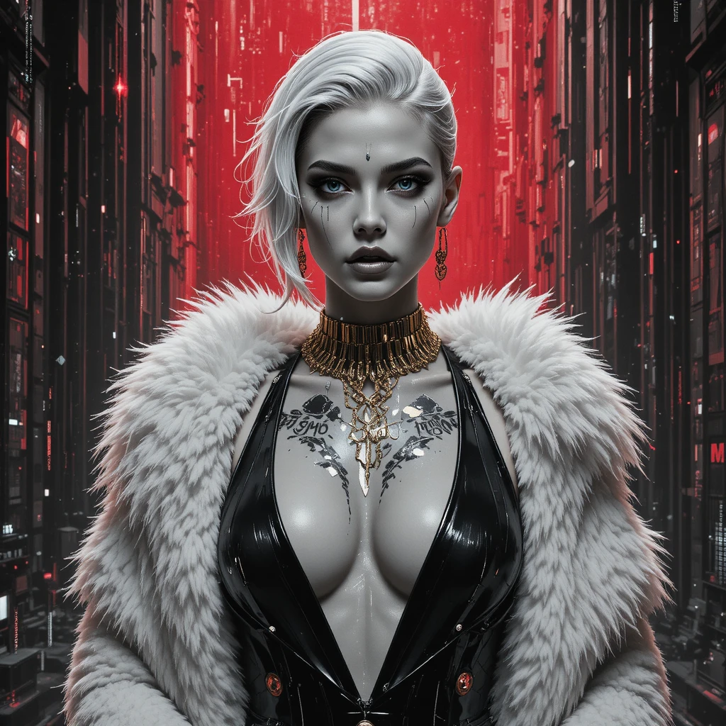 Retrato de heroína futurista com texturas glitch e tatuagens digitais