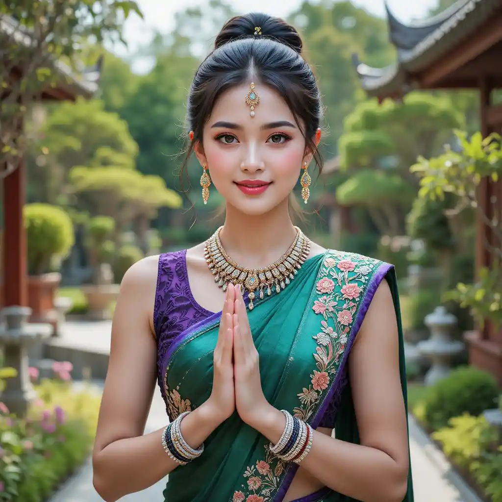 Smiling young woman greeting in a small zen garden