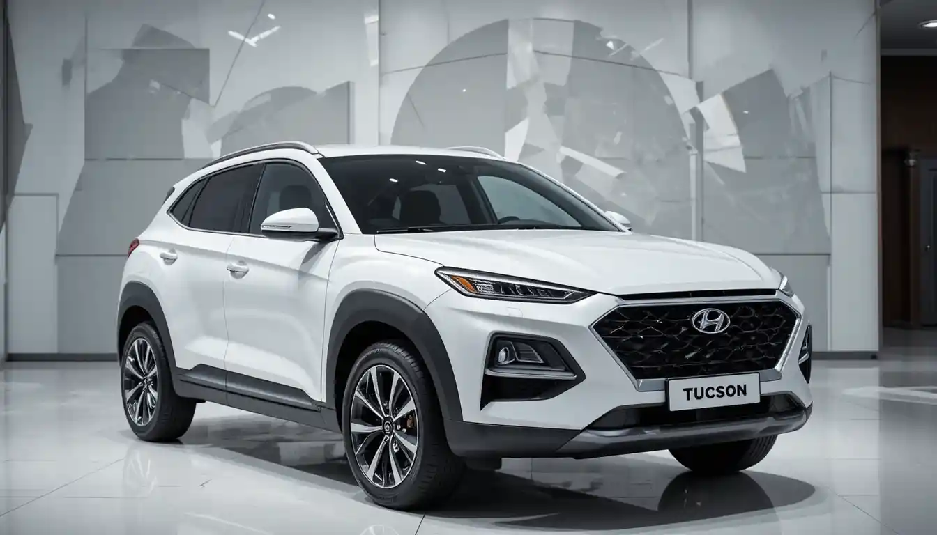 White Hyundai Tucson suv in modern car showroom