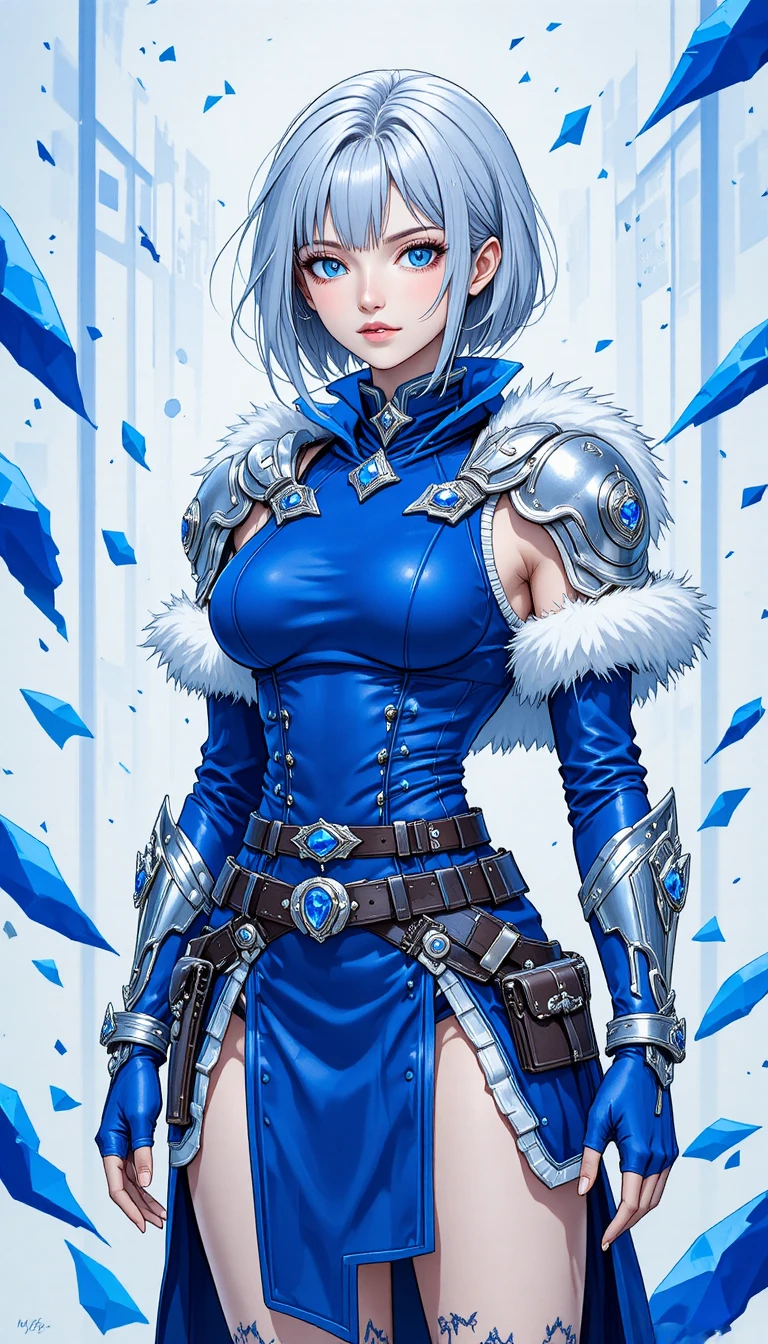Azure battle maiden in blue fur trimmed armor design