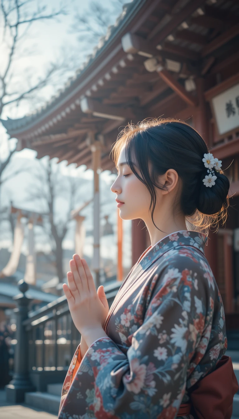 Chica japonesa con kimono rezando en silencio en el santuario