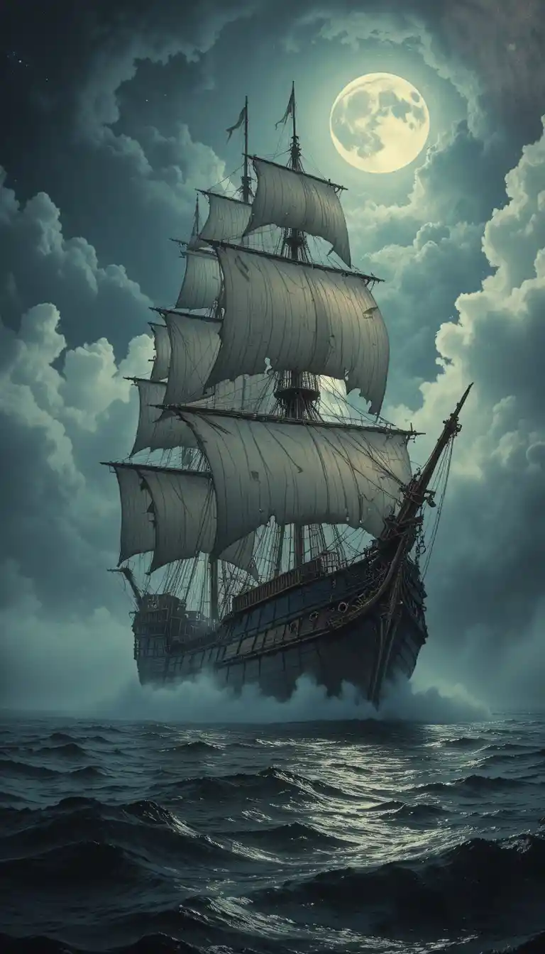 Ghost ship sailing through fog under a bright moon
