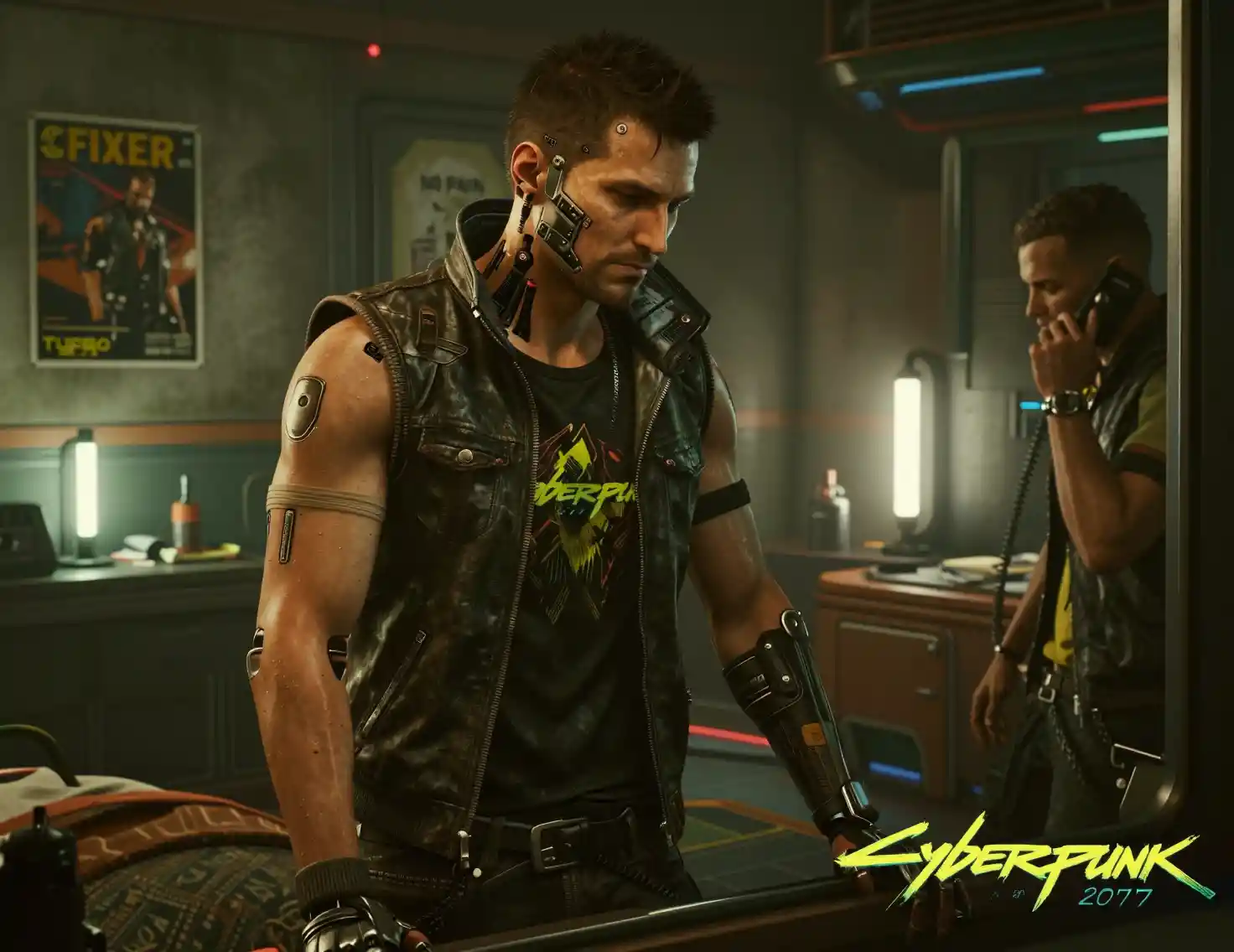 Uomo cyberpunk aumentato che fissa uno specchio in una stanza al neon