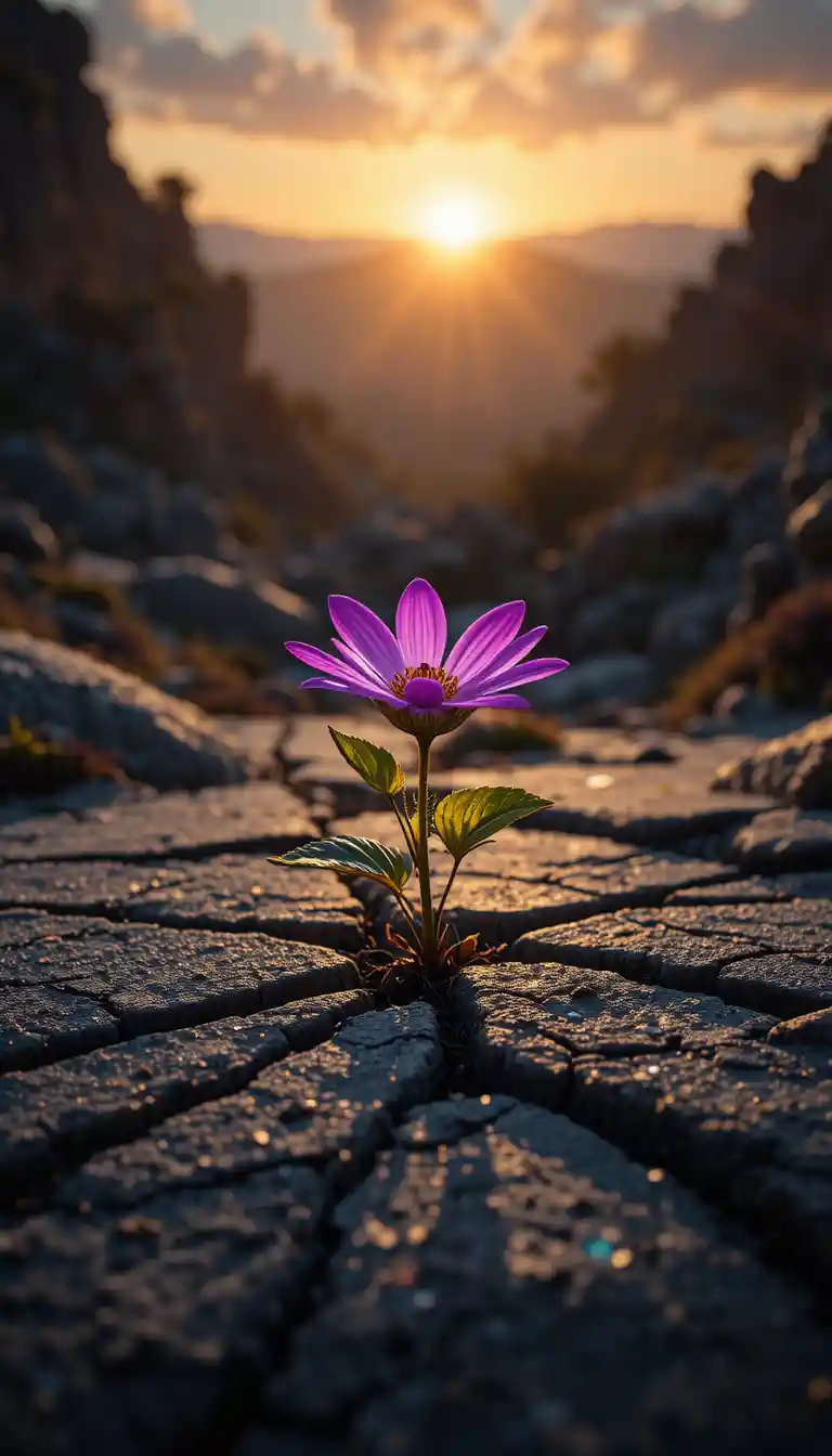 Purple flower growing from cracked stone at sunrise