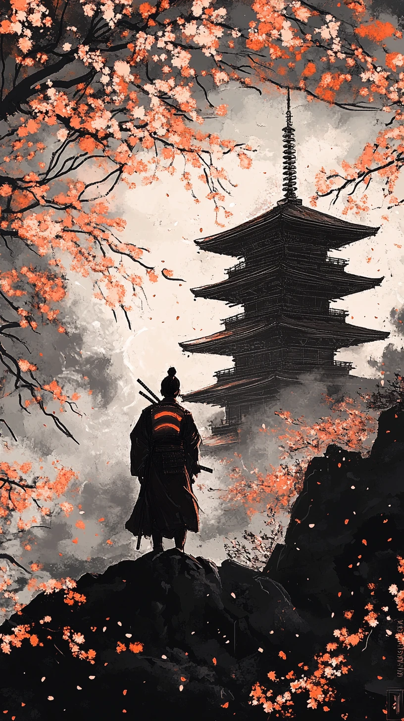 Solitary samurai overlooking pagoda at tranquil dusk