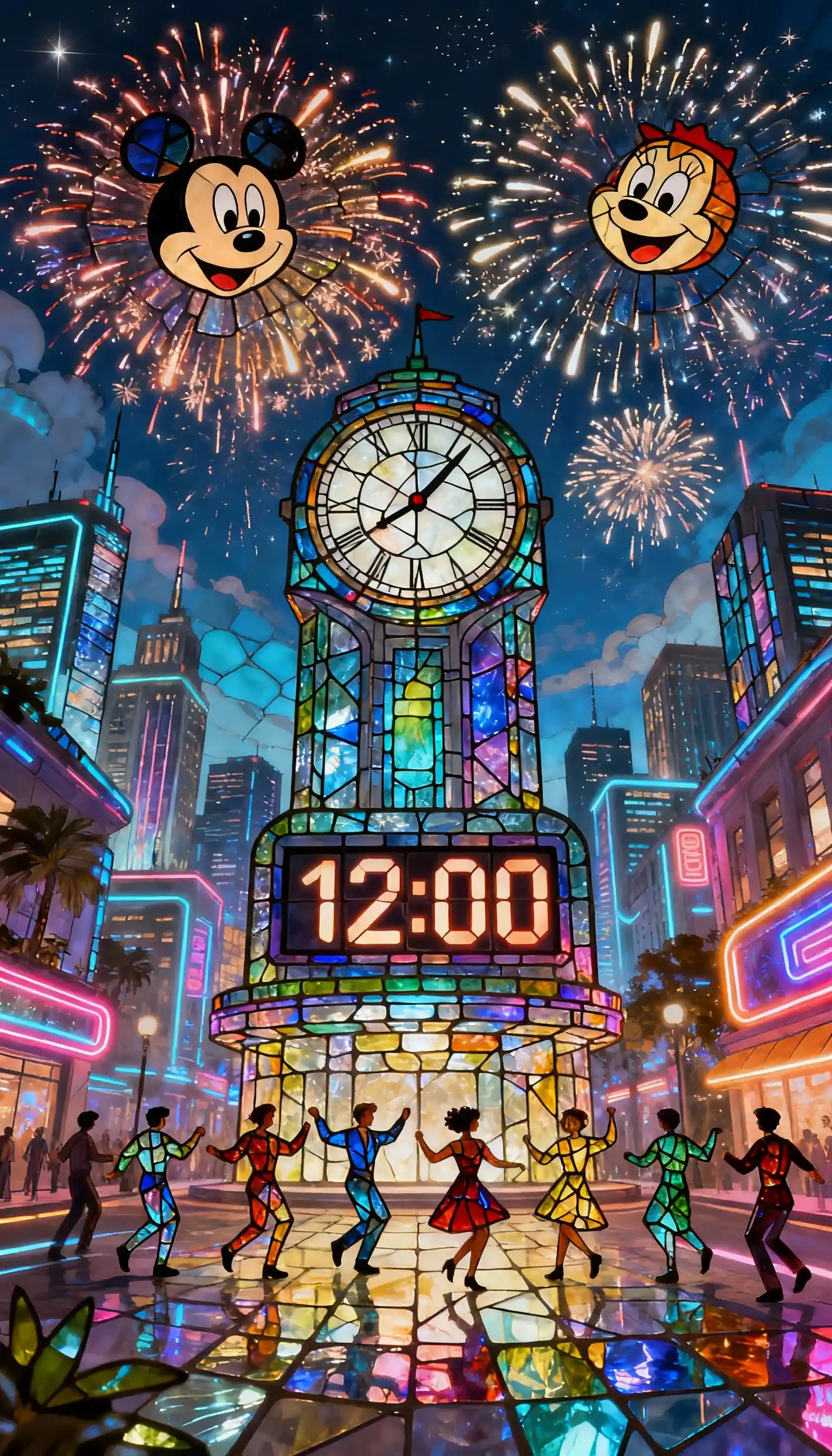 Futuristic city skyline with stained glass countdown clock