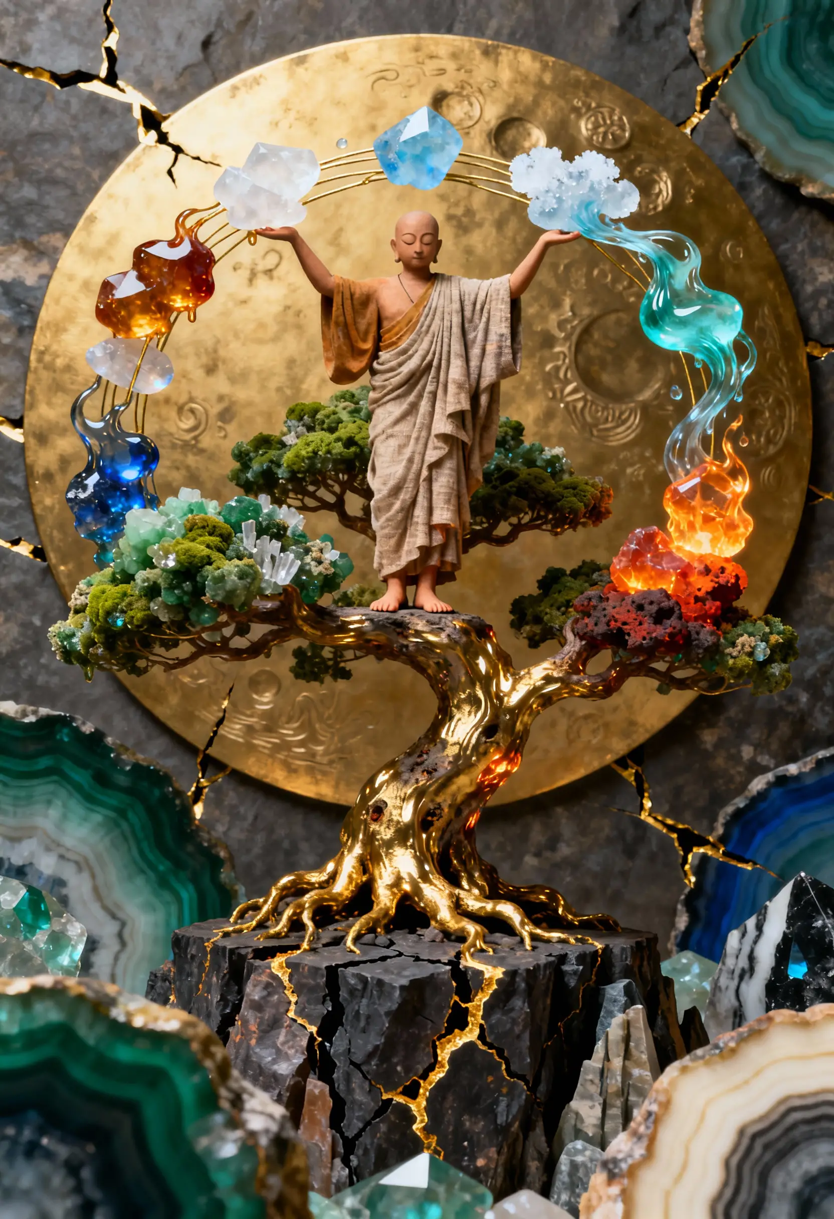 Goldener Bonsai-Mönch mit Elementar-Edelsteinbogen