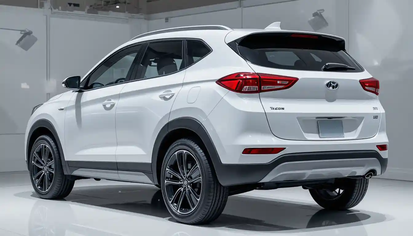 Rear view of white suv in modern car showroom