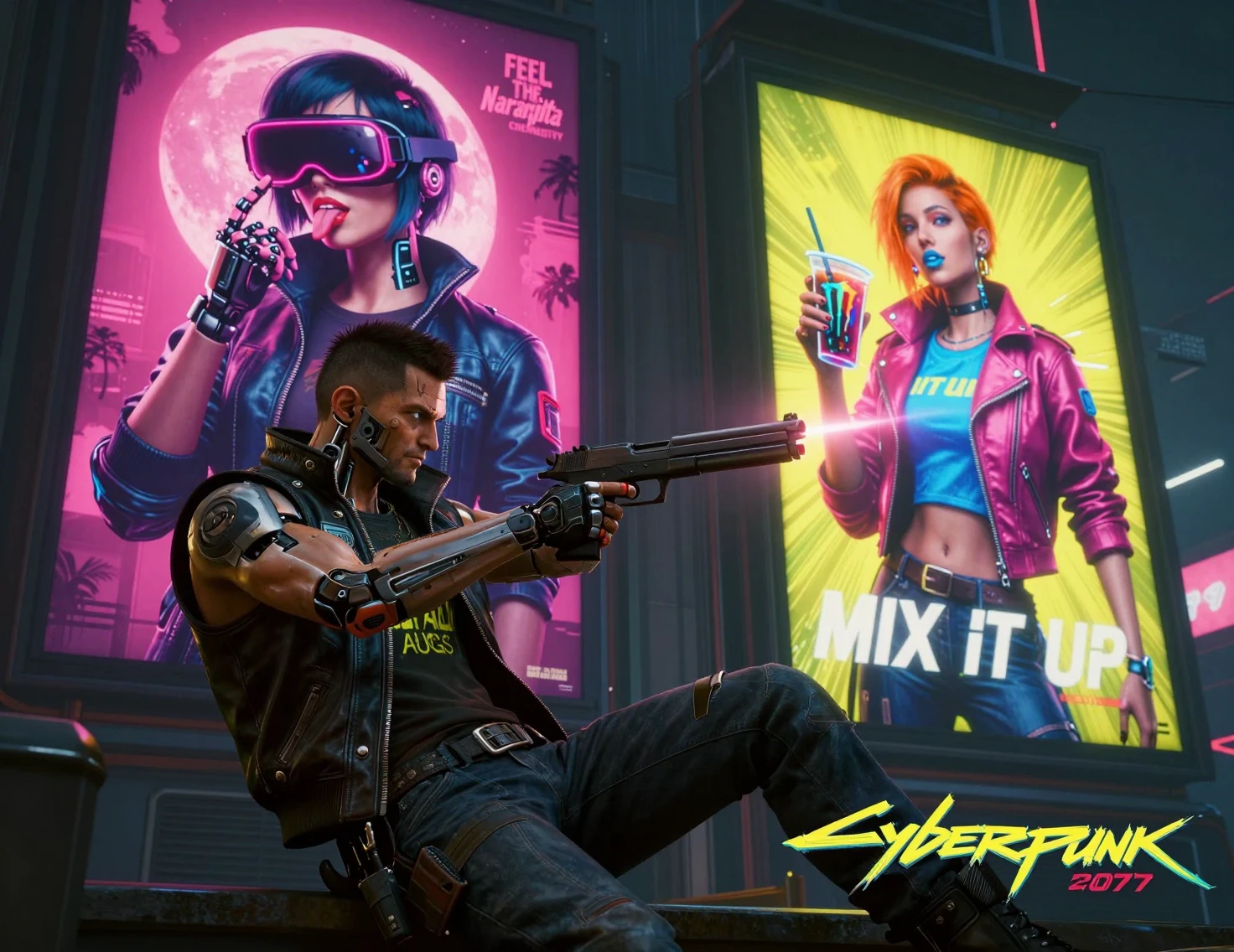 Hombre aumentado apuntando con un arma en calle neon de ciudad cyberpunk