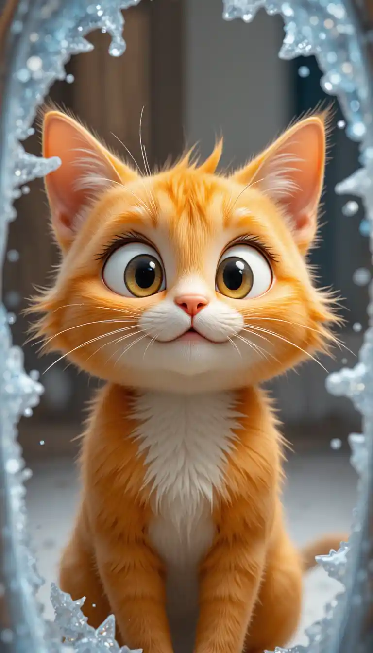 Cute orange cartoon cat staring at its mirror reflection