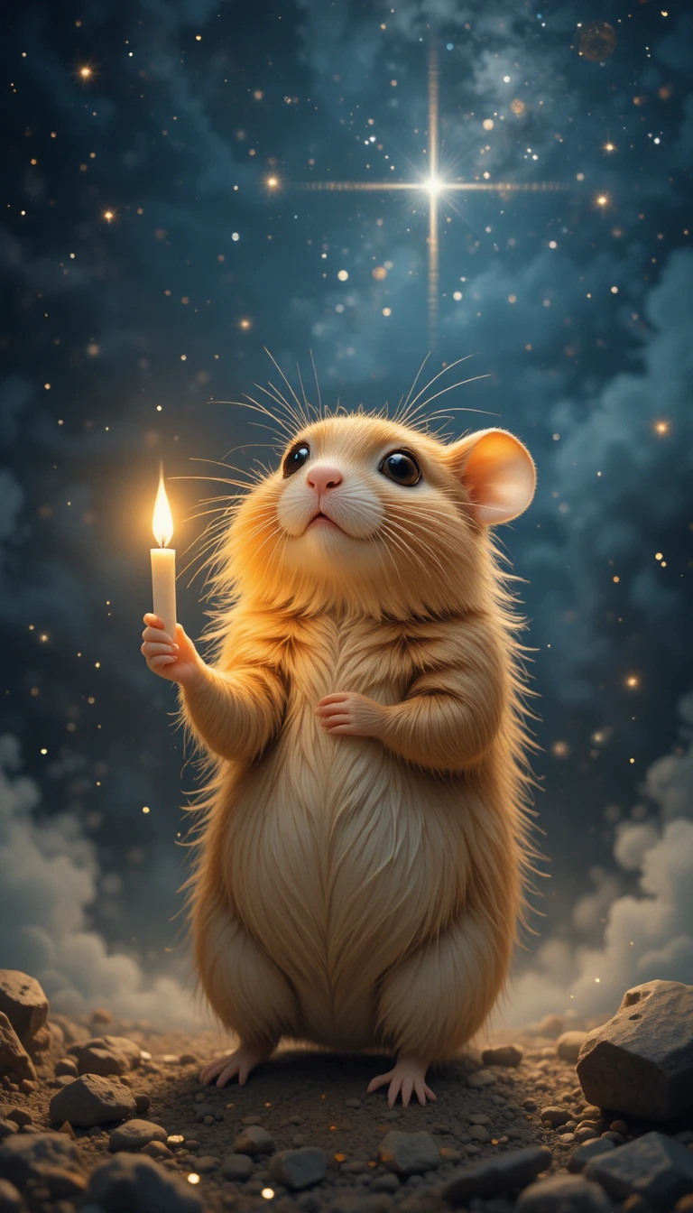 Golden hamster with candle under a misty starry sky
