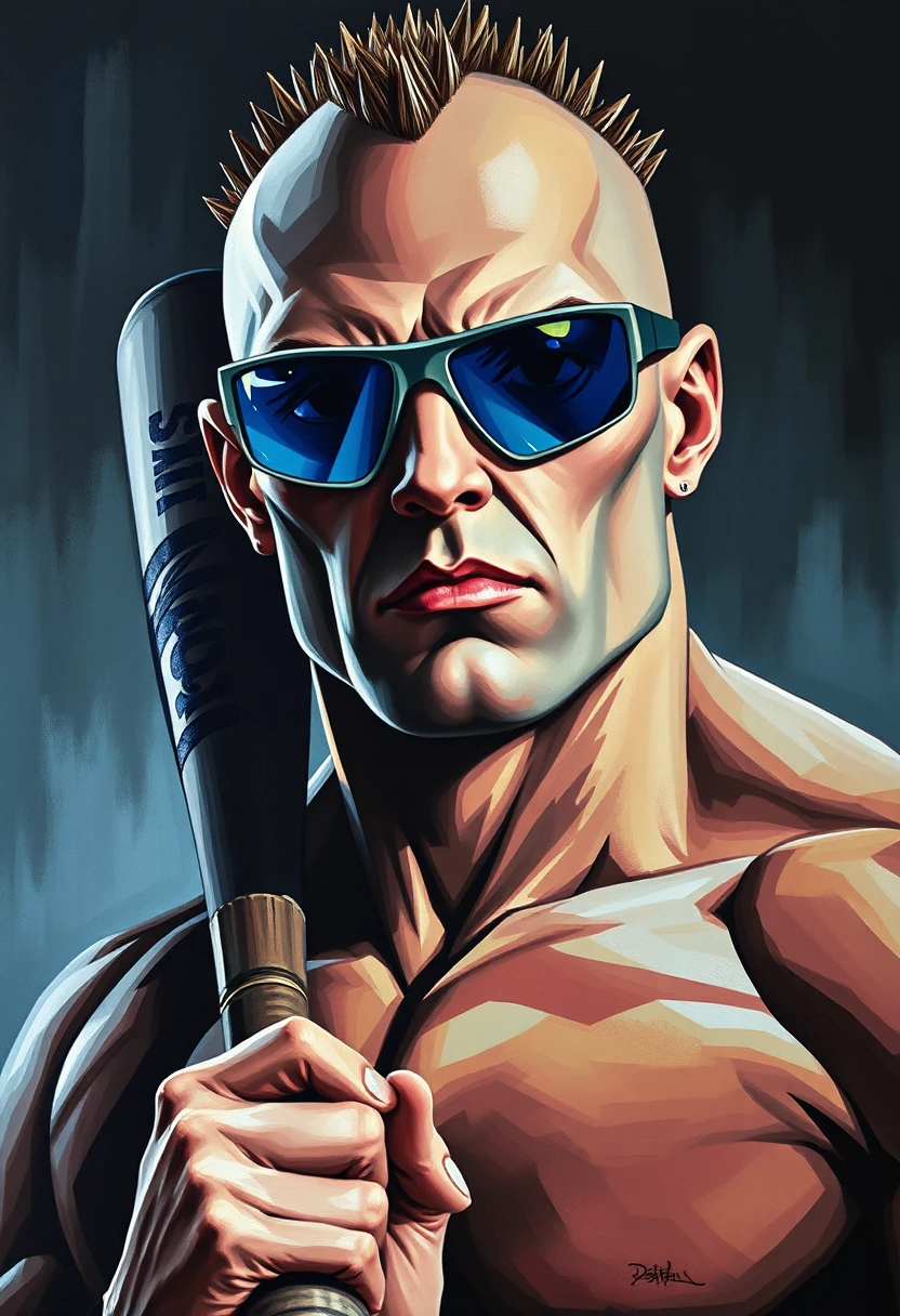 Portrait cubiste d’un homme chauve et musclé avec batte à pointes