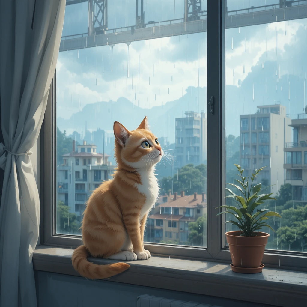 Gato em estilo anime observando a chuva pela janela do apartamento