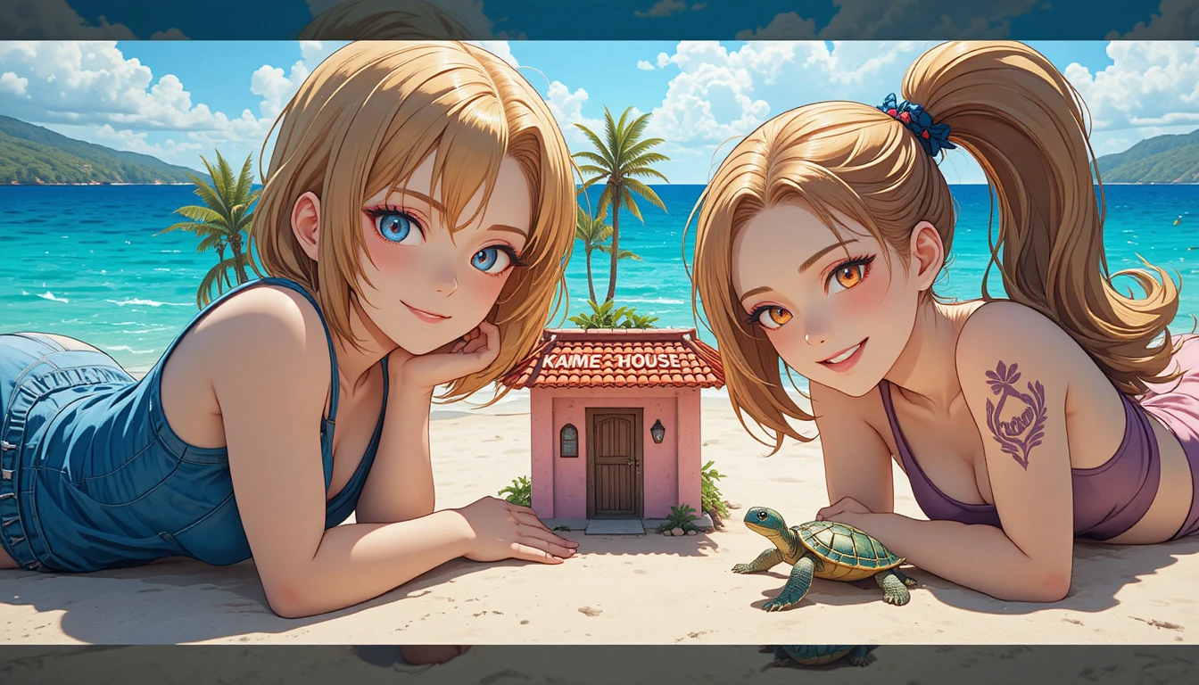 Two giant anime women on a tiny tropical island