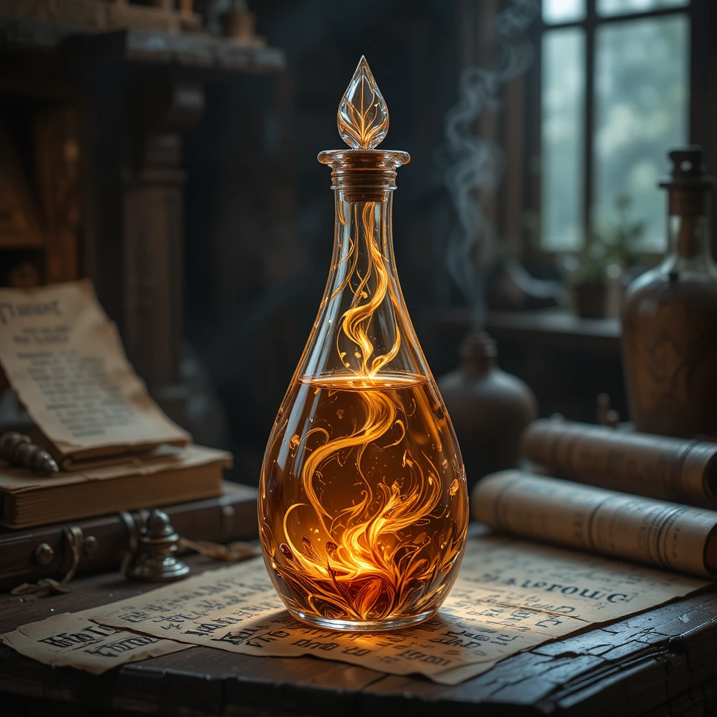 Magische gefiederte Trankflasche auf runenverzierter Alchemistentafel