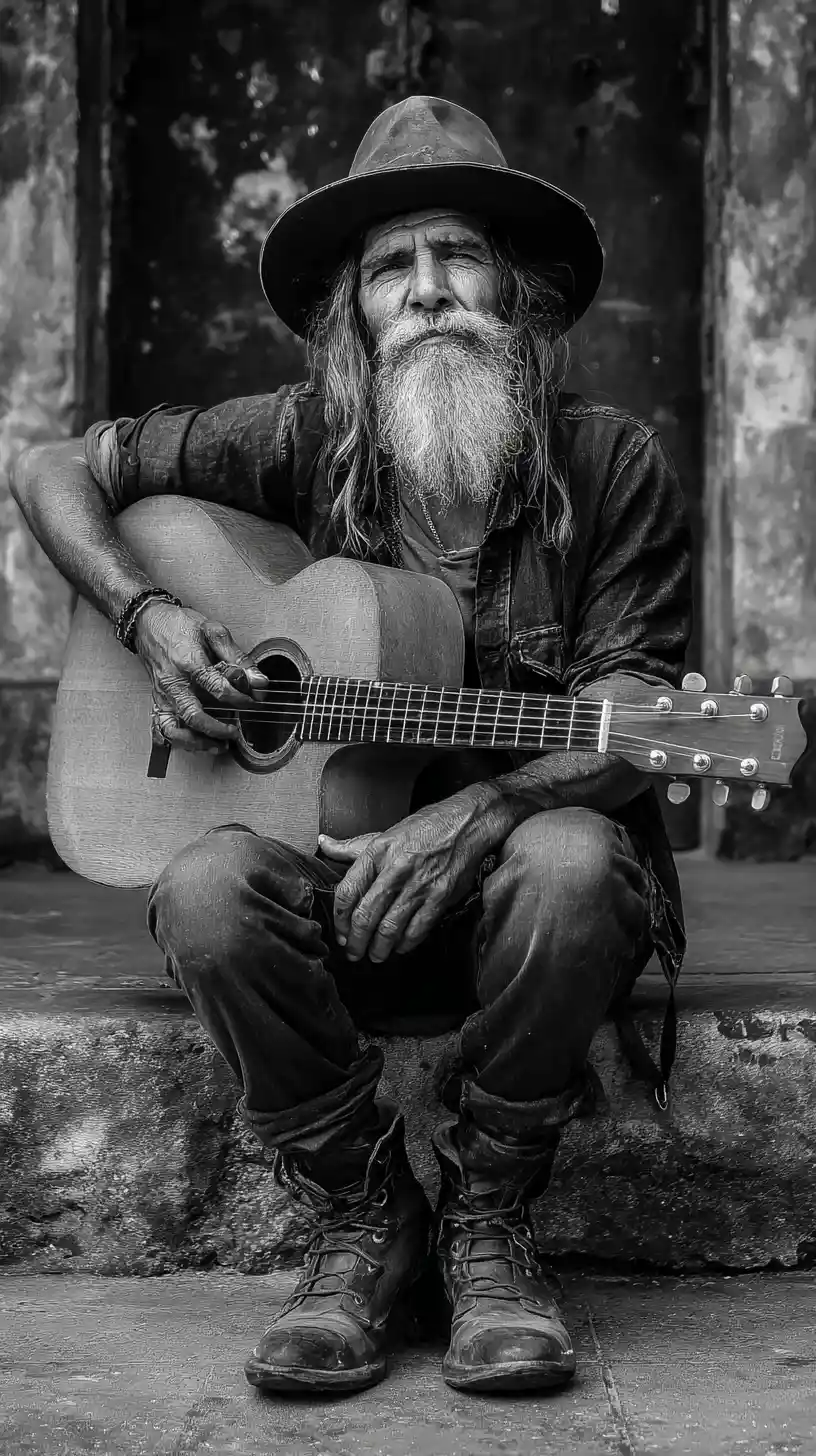 Wandering man walking the world carrying his guitar