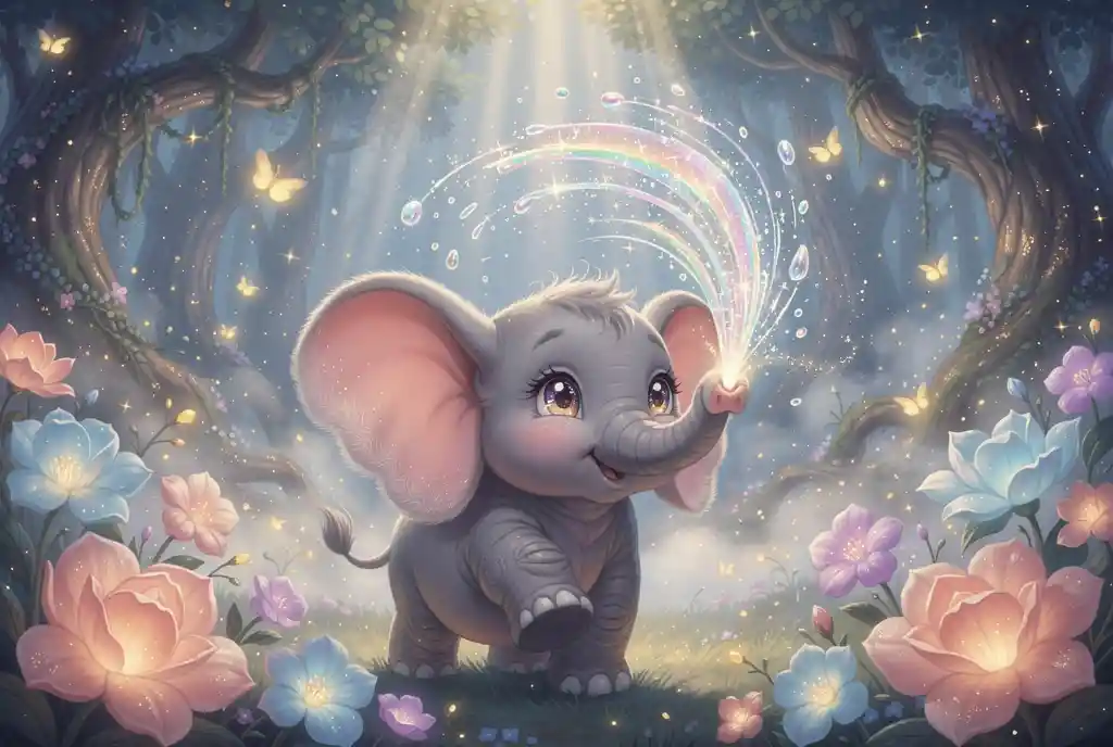 Adorable bebé elefante rociando agua arcoíris en un bosque encantado