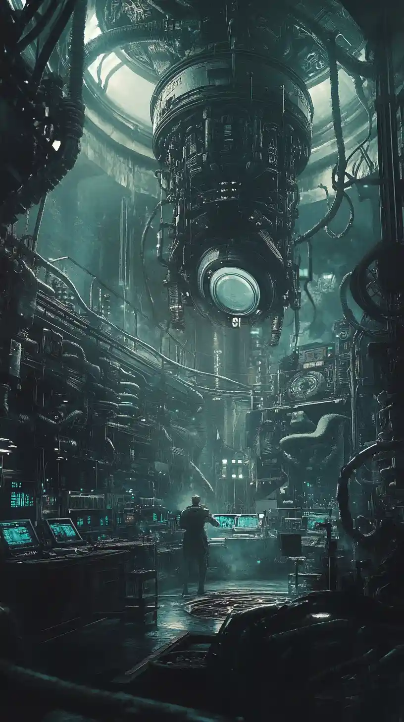 Cybernetic human fused with machinery in dark lab scene