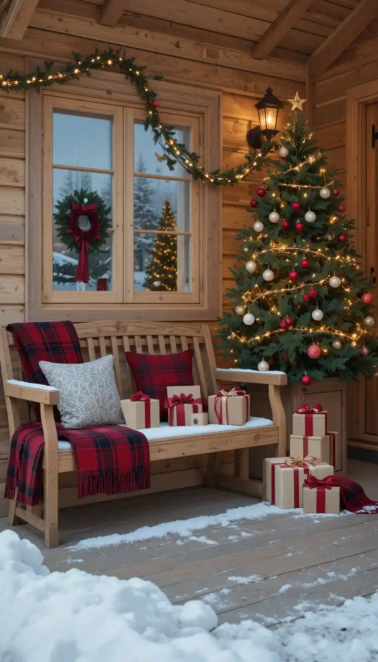 Cozy Christmas porch bench with candles and gifts