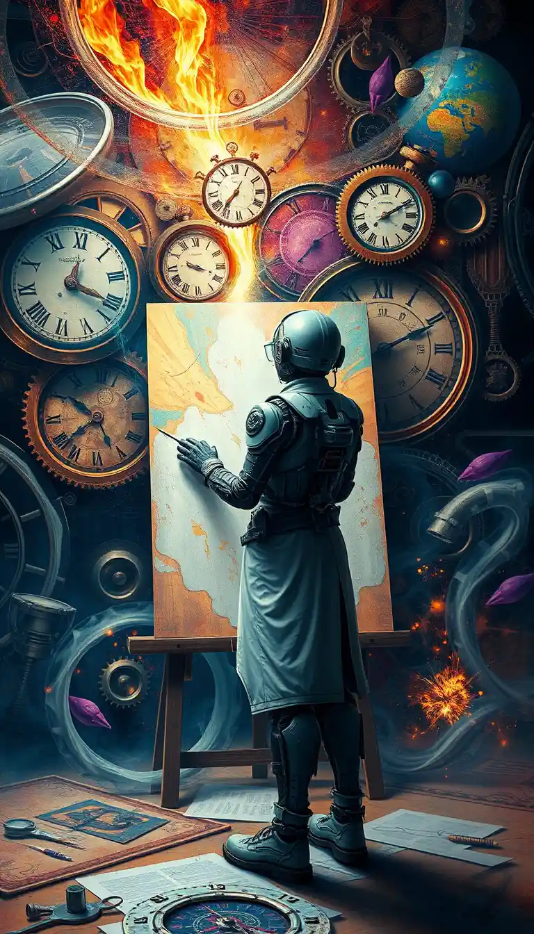 Artista futuristico che dipinge tra orologi e ingranaggi vorticosi