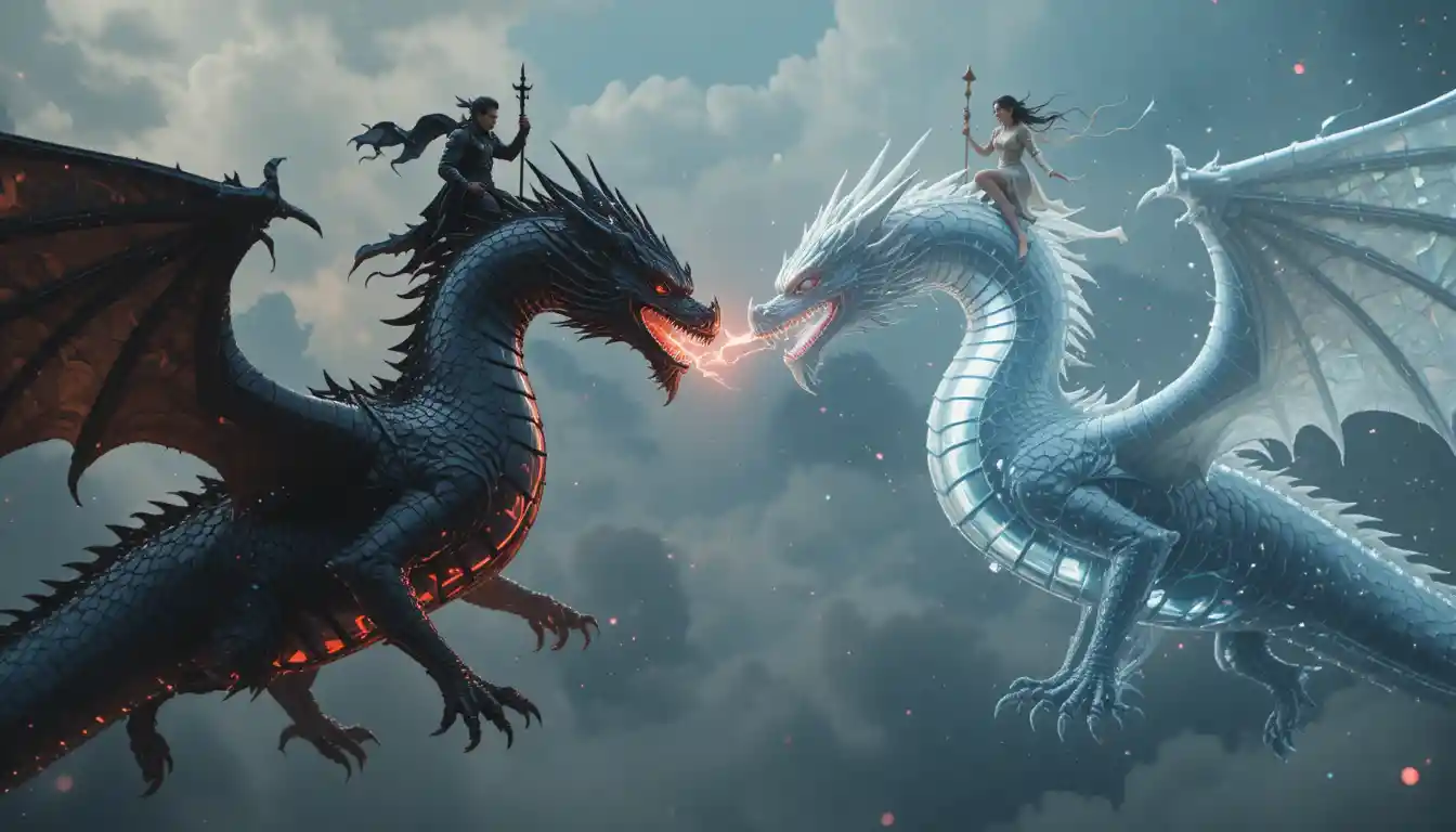 Zwillingsdrachen prallen in einem dramatischen Himmelsduell aufeinander