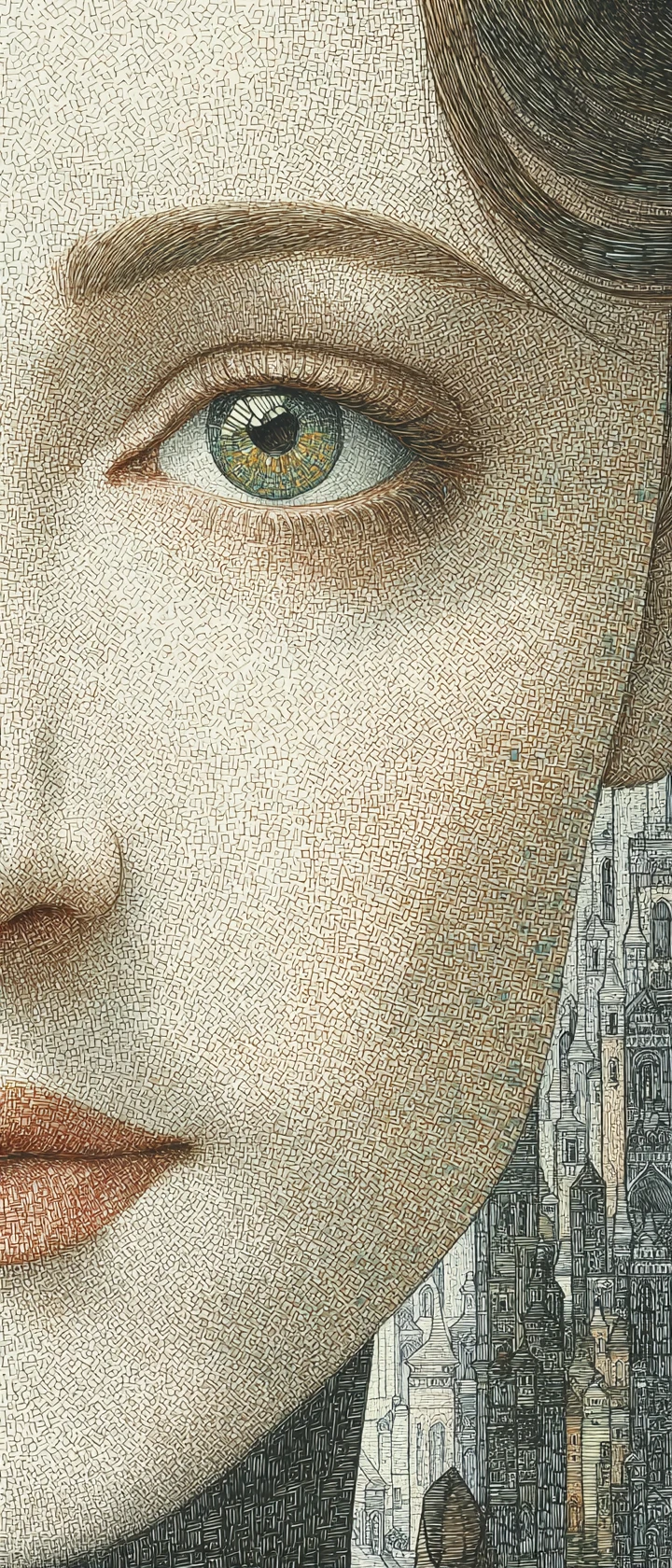 Joven mujer de ojos almendrados en una calle concurrida de la ciudad