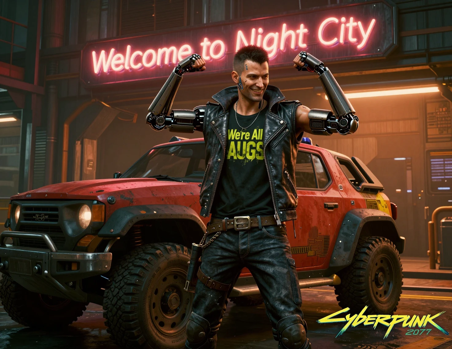 Augmentierter Mann posiert neben robustem Cyberpunk-Offroad-Fahrzeug