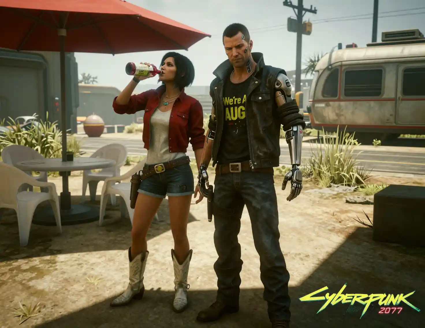 Augmented man and cowgirl relaxing in a desert camp