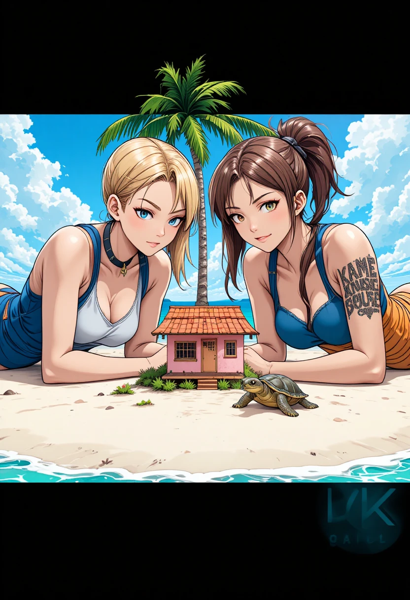Due gigantesche donne anime sdraiate su una minuscola isola tropicale