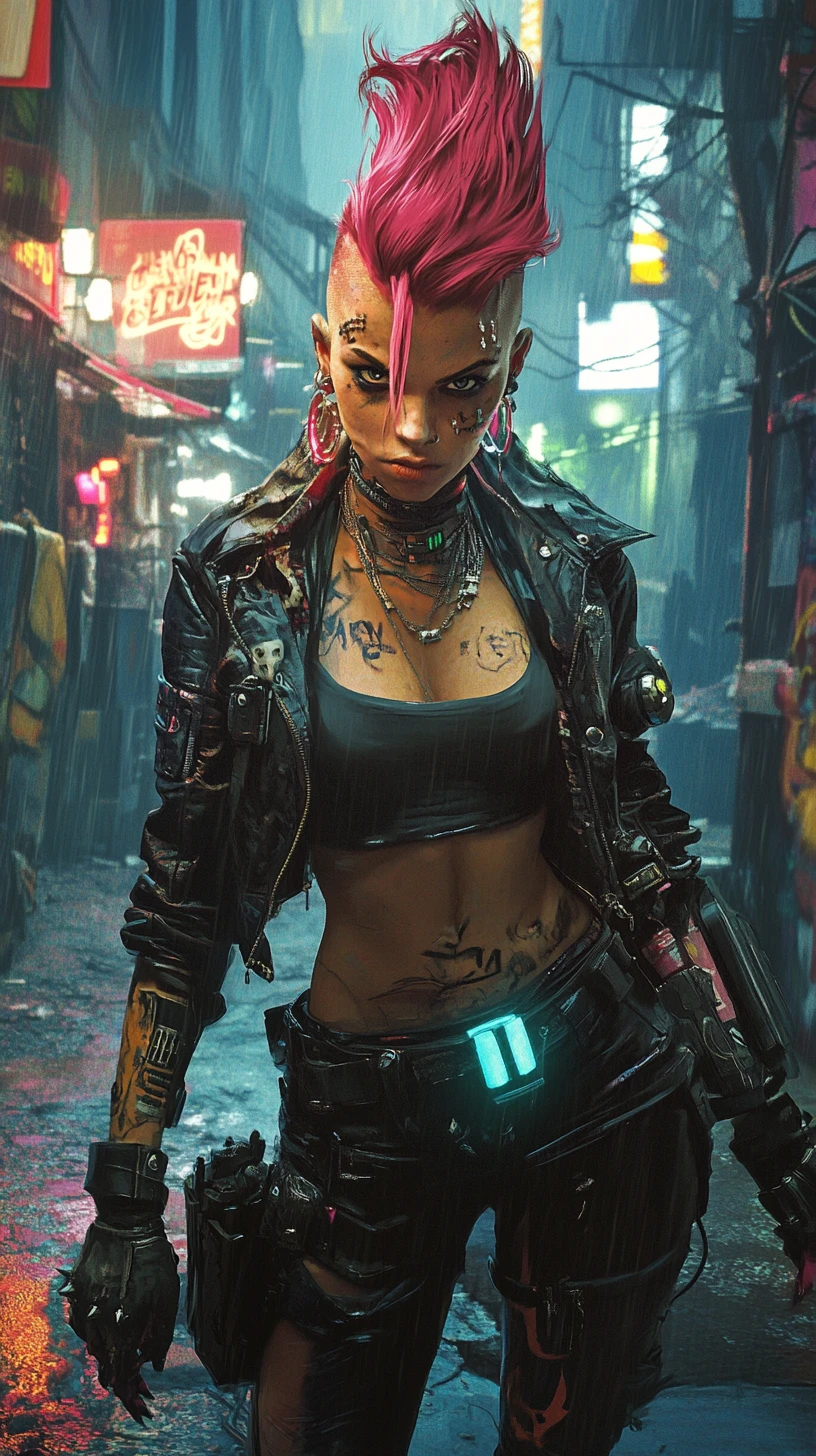 Cyberpunk woman posing in neon lit graffiti alley