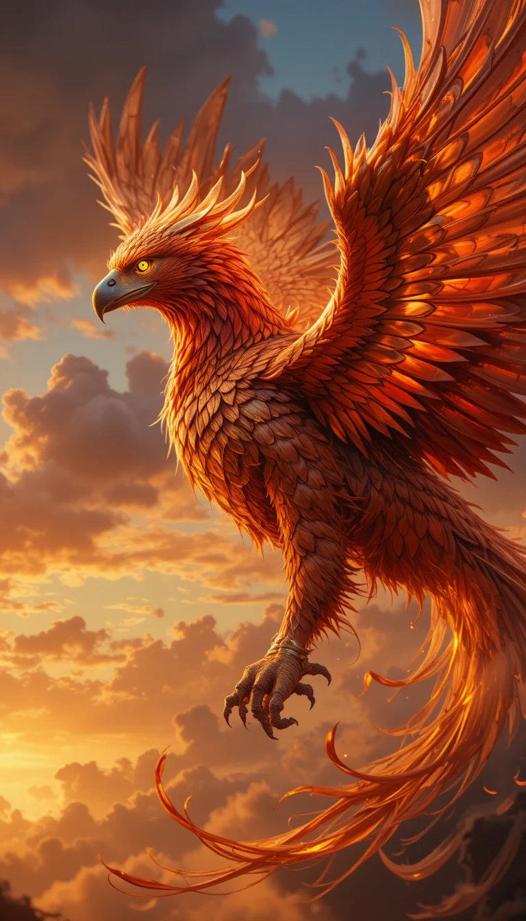 Majestic phoenix griffin soaring through a fiery sunset sky
