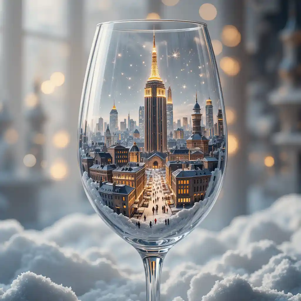 Dreamy cityscape contained within a glowing wine glass